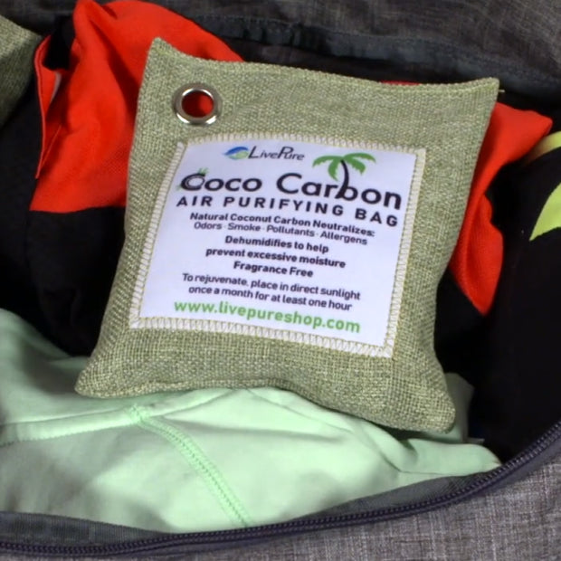 LivePure CocoCarbon Air Purifying Bag Inserted in Smelly Gym Bag